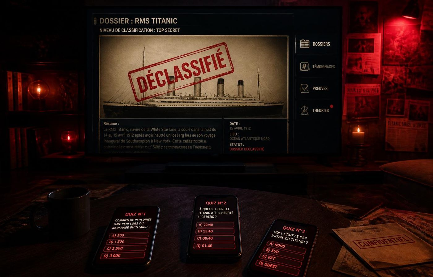 Dossier classifié projeté sur une TV avec smartphones affichant un quiz interactif